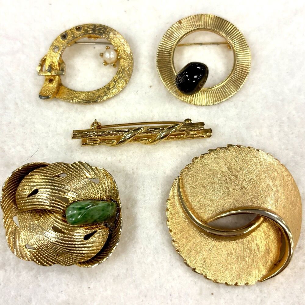 Vintage Mamselle Brooch Lot 5 Gold Tone Belt Buckle Modernist Stone MCM Pins